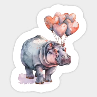 Valentine Hippopotamus Holding Heart Shaped Balloons Sticker